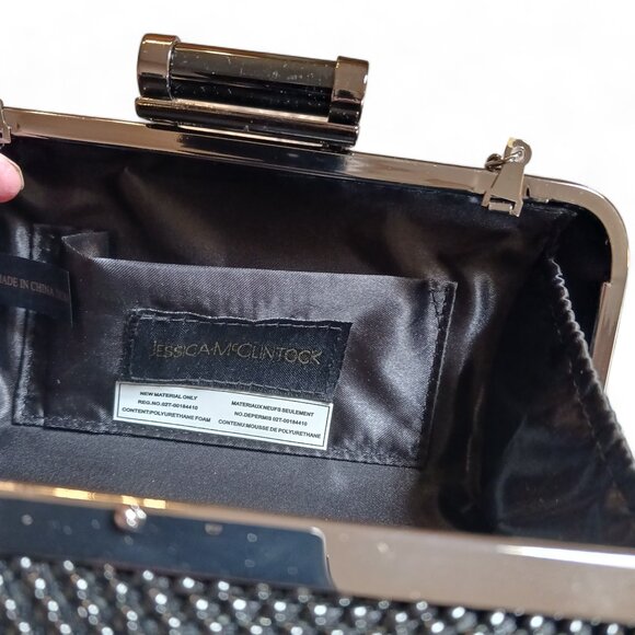 Jessica McClintock Platinum Black Mesh Beaded  Formal Evening Clutch Crossbody - Picture 6 of 10